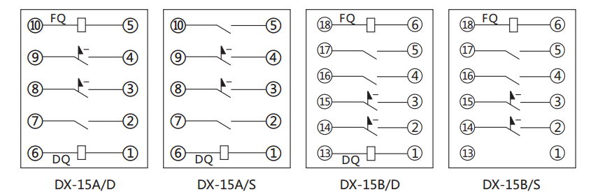 DX-15B信號(hào)繼電器內(nèi)部接線及外引接線圖